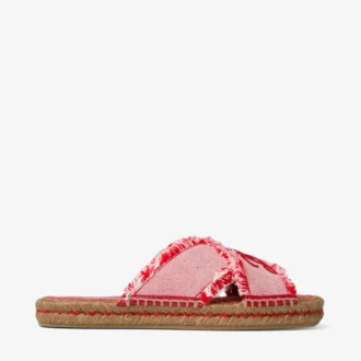 Aciel-sandal, platt Rubinröda platta sandaler i mixad, fransad och fläckig canvas