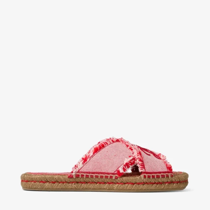 Aciel-sandal, platt Rubinröda platta sandaler i mixad, fransad och fläckig canvas