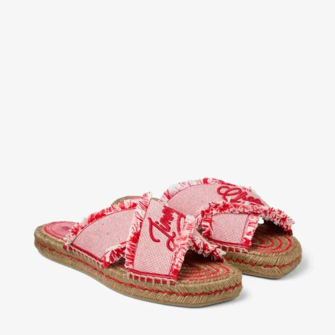 Aciel-sandal, platt Rubinröda platta sandaler i mixad, fransad och fläckig canvas