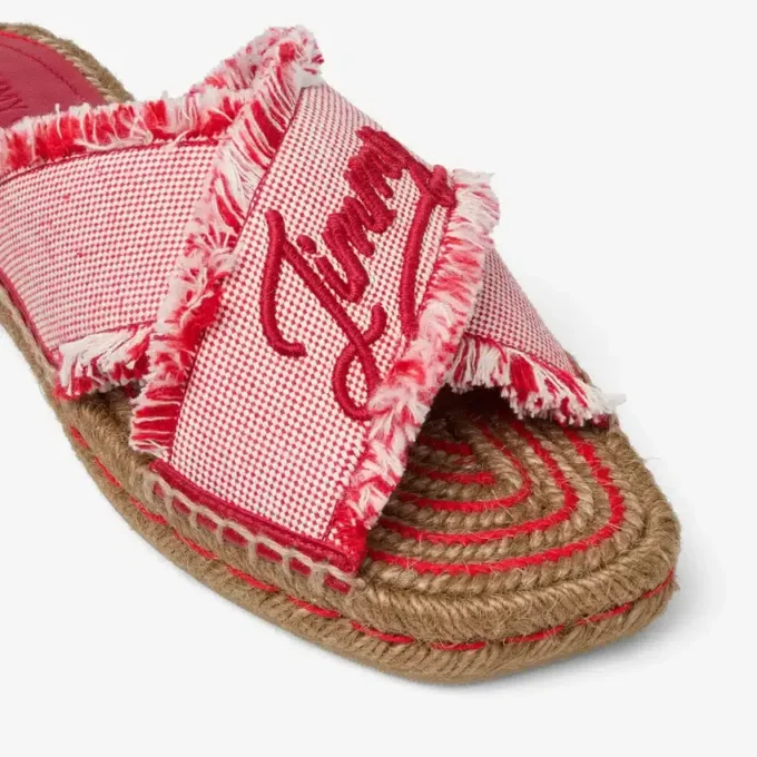 Aciel-sandal, platt Rubinröda platta sandaler i mixad, fransad och fläckig canvas