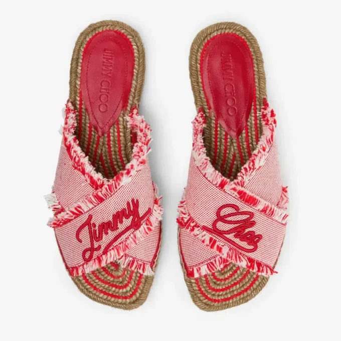 Aciel-sandal, platt Rubinröda platta sandaler i mixad, fransad och fläckig canvas