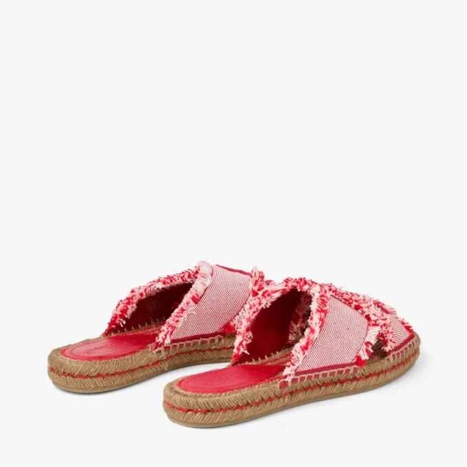Aciel-sandal, platt Rubinröda platta sandaler i mixad, fransad och fläckig canvas