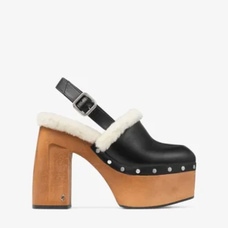 Alida Platform 135 Svarta slingbacks i glänsande kalvskinn med shearling