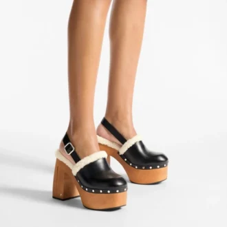 Alida Platform 135 Svarta slingbacks i glänsande kalvskinn med shearling