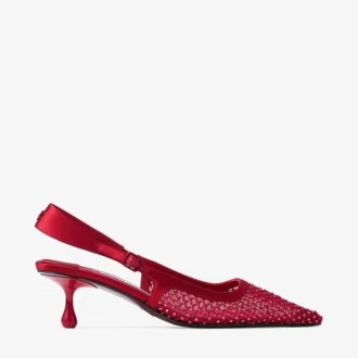 Amel 50 rubinröda pumps i kristallnät och satin
