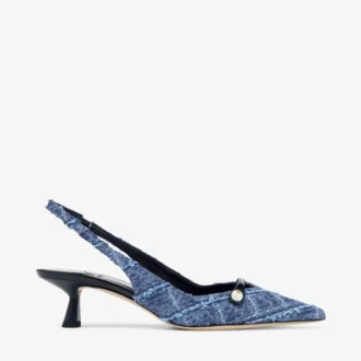 Amita 45 Slingbacks i marinblå korsmönstrad denim och lackläder