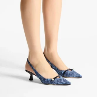 Amita 45 Slingbacks i marinblå korsmönstrad denim och lackläder