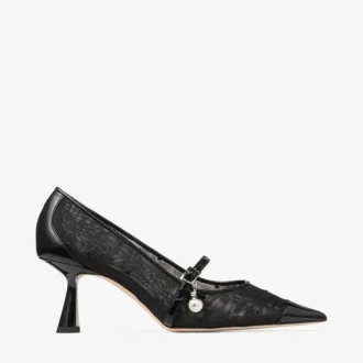 Aren Pump 65 Svarta Spazzolato- och hjärtmönstrade pumps med pärlcharm