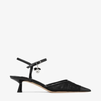 Aren Sling Back 45 Svarta slingbacks i spazzolato och hjärtmönstrat nät med pärlcharm