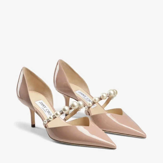Aurelie 65 spetsiga pumps i balettrosa lackläder med pärldekor Aurelie 65 spetsiga pumps i balettrosa lackläder med pärldekor