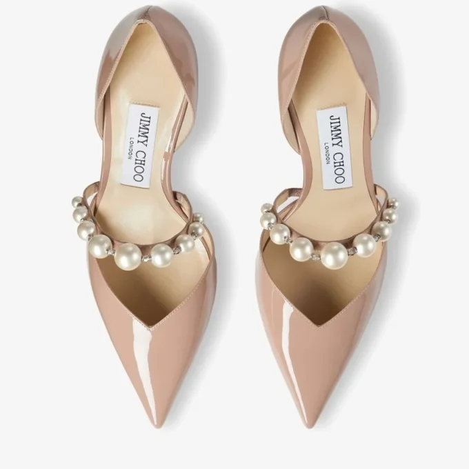 Aurelie 65 spetsiga pumps i balettrosa lackläder med pärldekor Aurelie 65 spetsiga pumps i balettrosa lackläder med pärldekor