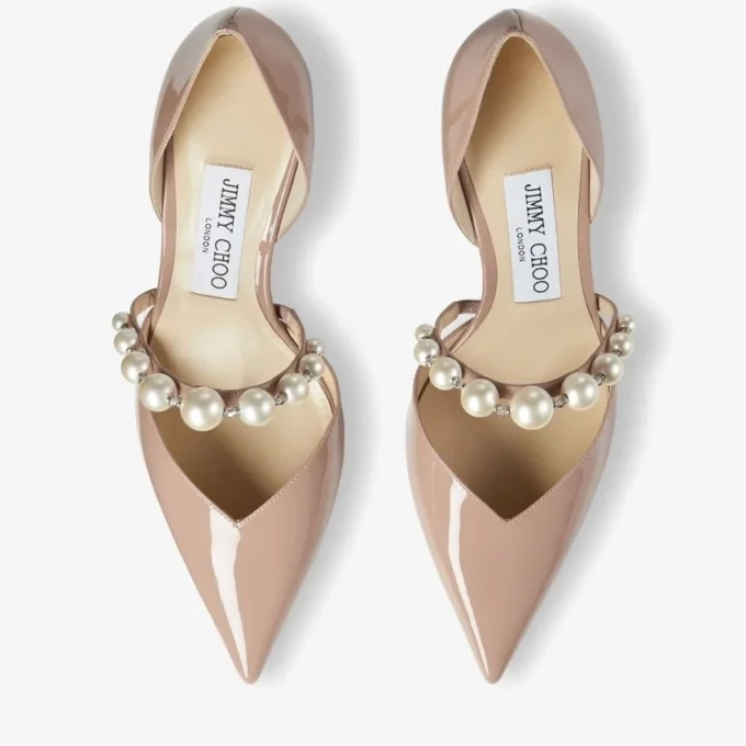 Aurelie 85 spetsiga pumps i balettrosa lackläder med pärldekor Aurelie 85 spetsiga pumps i balettrosa lackläder med pärldekor