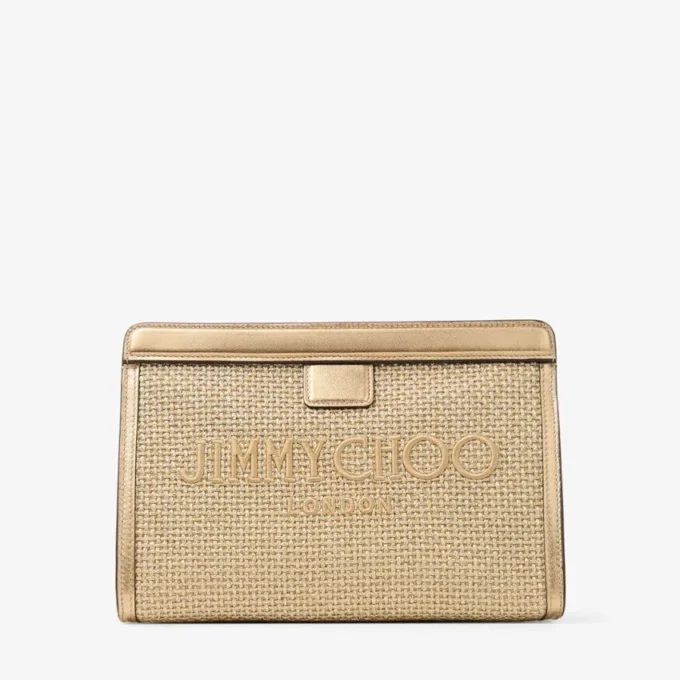 Avenue-påse i guld och mörk cappuccino Metalliskt broderad raffiapåse Avenue-påse i guld och mörk cappuccino Metalliskt broderad raffiapåse