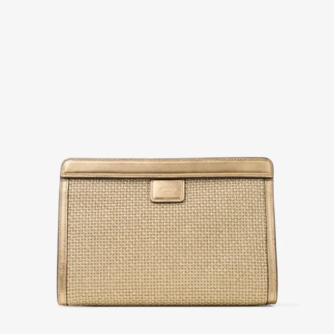 Avenue-påse i guld och mörk cappuccino Metalliskt broderad raffiapåse Avenue-påse i guld och mörk cappuccino Metalliskt broderad raffiapåse