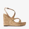 Ayla 110 Cappuccino Nappa-läder och blommigt vävd raffia-kilklack