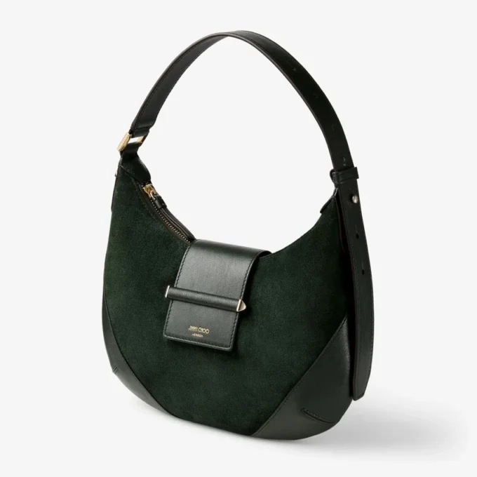 Bar Hobo Small, axelväska i brittiskt grönt mocka med läderdetaljer i Biker-stil Bar Hobo Small, axelväska i brittiskt grönt mocka med läderdetaljer i Biker-stil