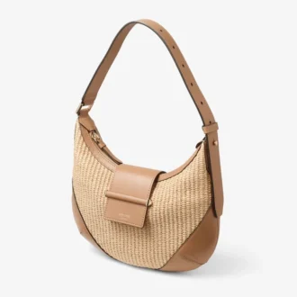 Bar Hobo Small axelväska i natur- och tofféfärgad raffia med kant i slätt kalvskinn