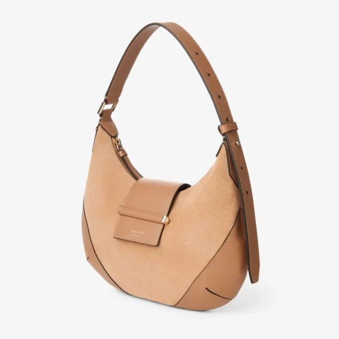 Bar Hobo Small Toffee Suede axelväska med Biker-läderkant Bar Hobo Small Toffee Suede axelväska med Biker-läderkant