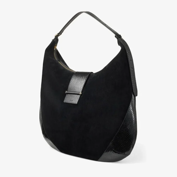 Bar Hobo Stor svart axelväska i mocka med detaljer i glänsande läder med ormtryck Bar Hobo Stor svart axelväska i mocka med detaljer i glänsande läder med ormtryck