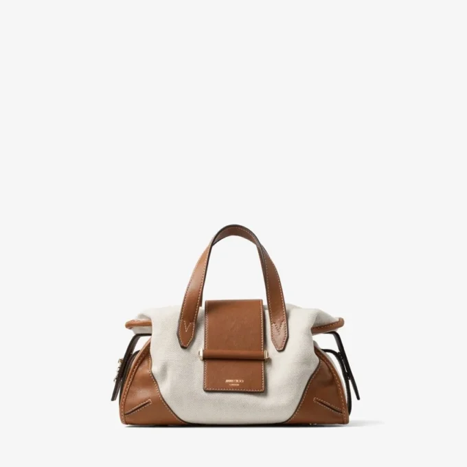 Bar Holdall Small – resväska i naturfärgat och brunt återvunnet canvas med detaljer i bikerläder