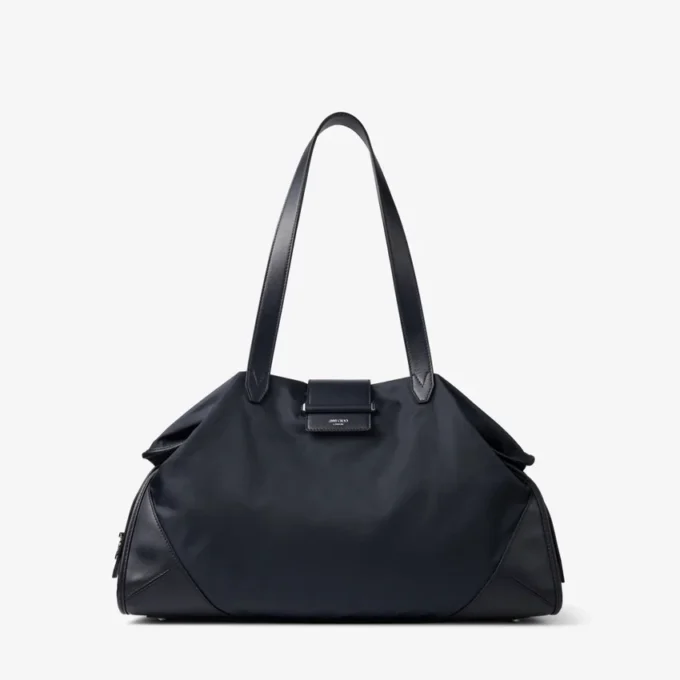 Bar Holdall Stor resväska i marin nylon med detaljer i slätt kalvskinn