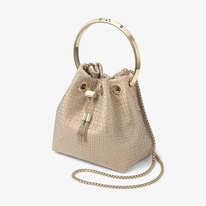 Bon Bon handväska i ljusguld satin och illusion-kristallnät Bon Bon handväska i ljusguld satin och illusion-kristallnät