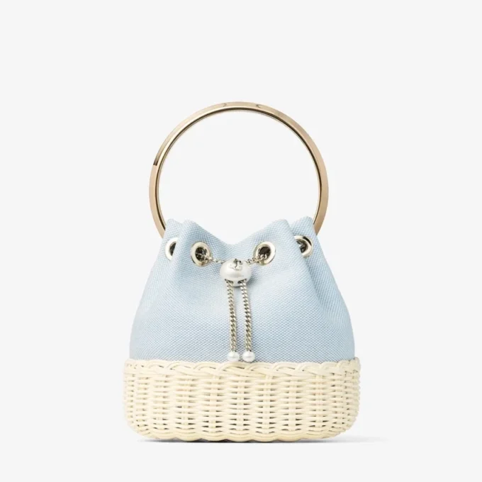 Bon Bon Riviera Blue Mix Flecked Canvas and Wicker Bucket Bag