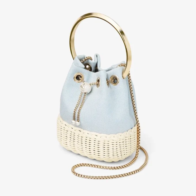 Bon Bon Riviera Blue Mix Flecked Canvas and Wicker Bucket Bag