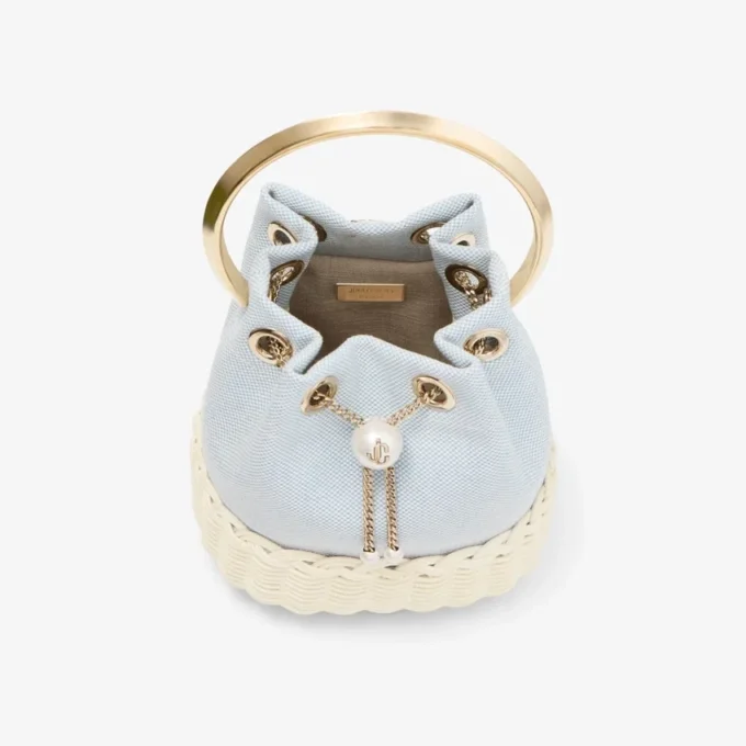 Bon Bon Riviera Blue Mix Flecked Canvas and Wicker Bucket Bag
