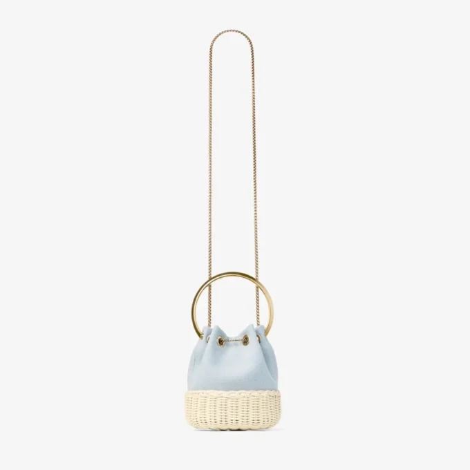 Bon Bon Riviera Blue Mix Flecked Canvas and Wicker Bucket Bag