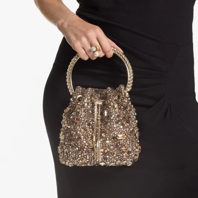 Bon Bon Tan Metallic Crystal Mesh-handväska med kristallhandtag