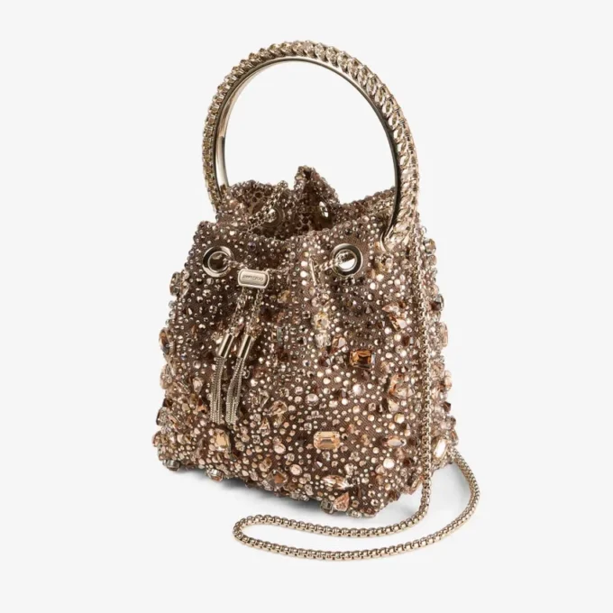 Bon Bon Tan Metallic Crystal Mesh-handväska med kristallhandtag