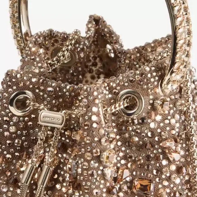 Bon Bon Tan Metallic Crystal Mesh-handväska med kristallhandtag