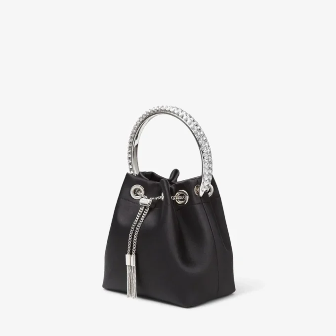 Bon Bon-väska i svart satin med kristallhandtag Bon Bon-väska i svart satin med kristallhandtag