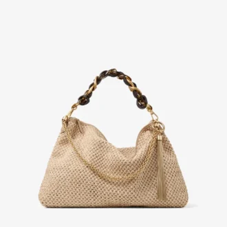 Callie Maxi axelväska i natur- och kaffefärgad raffia med avtagbar vävd rem i nappaläder