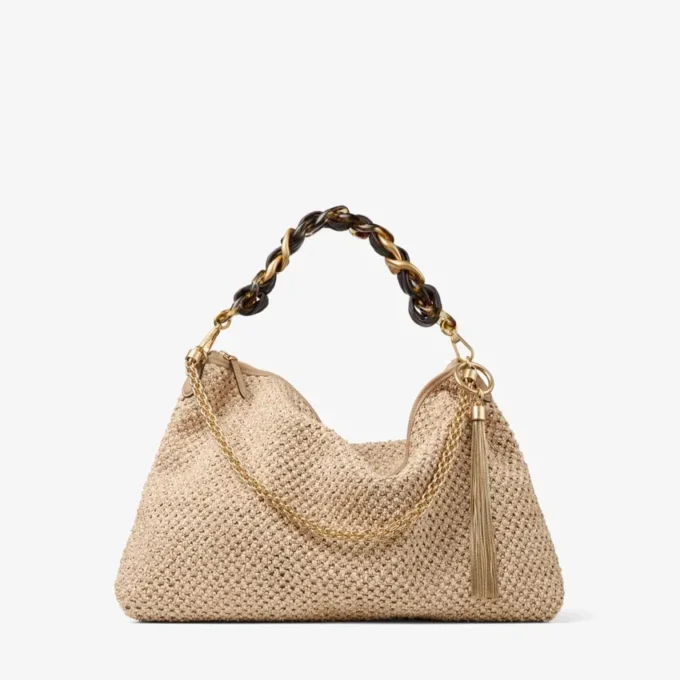 Callie Maxi axelväska i natur- och kaffefärgad raffia med avtagbar vävd rem i nappaläder