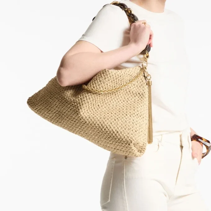 Callie Maxi axelväska i natur- och kaffefärgad raffia med avtagbar vävd rem i nappaläder