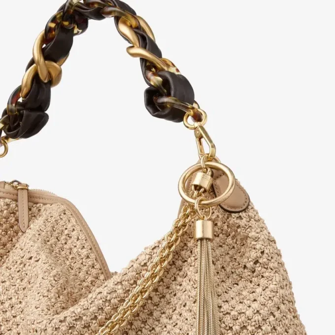 Callie Maxi axelväska i natur- och kaffefärgad raffia med avtagbar vävd rem i nappaläder