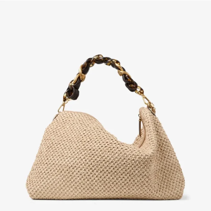 Callie Maxi axelväska i natur- och kaffefärgad raffia med avtagbar vävd rem i nappaläder