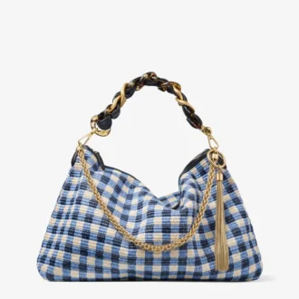 Callie Maxi marinblå mixad rutig raffia-axelväska med avtagbar vävd nappaläderrem
