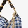 Callie Maxi marinblå mixad rutig raffia-axelväska med avtagbar vävd nappaläderrem