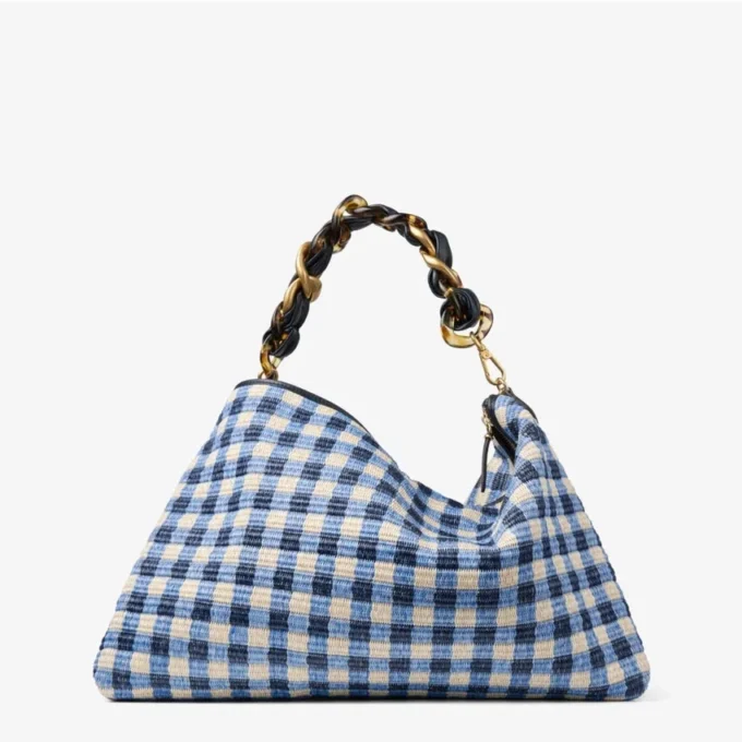Callie Maxi marinblå mixad rutig raffia-axelväska med avtagbar vävd nappaläderrem