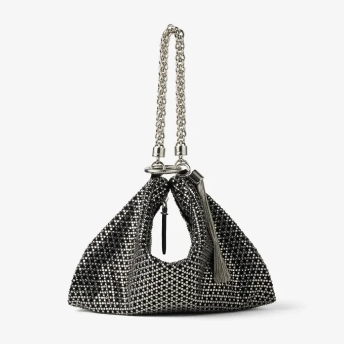 Callie svart diamantmönster med kristallhotfix på mocka-clutch