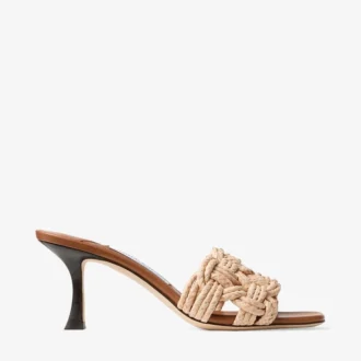 Chara 70 Mule-sandal i brunt läder och virkad raffia