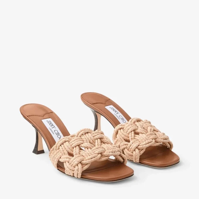 Chara 70 Mule-sandal i brunt läder och virkad raffia