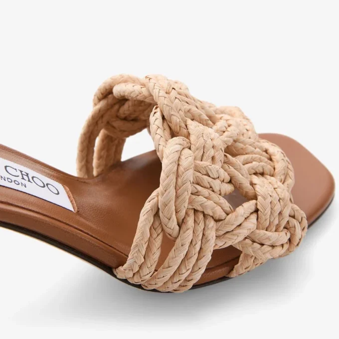 Chara 70 Mule-sandal i brunt läder och virkad raffia