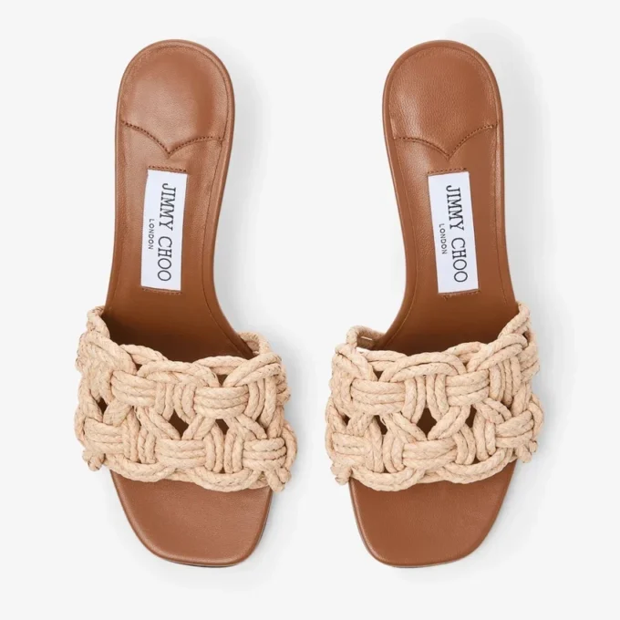 Chara 70 Mule-sandal i brunt läder och virkad raffia