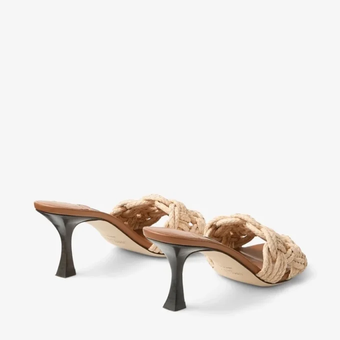Chara 70 Mule-sandal i brunt läder och virkad raffia