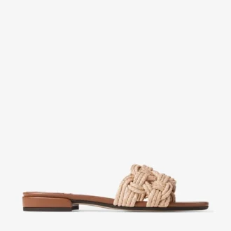 Chara Flat Tan läder- och virkad raffia-sandaler