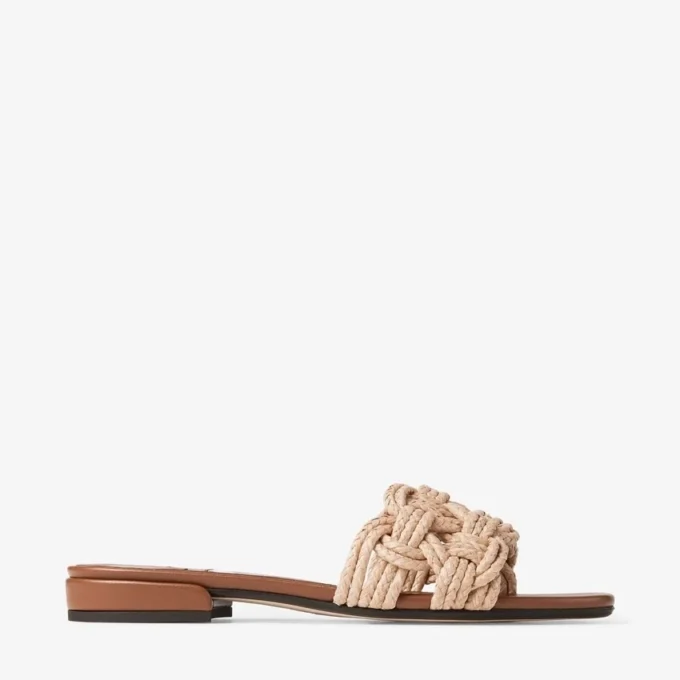 Chara Flat Tan läder- och virkad raffia-sandaler Chara Flat Tan läder- och virkad raffia-sandaler